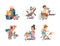 Little Boy and Girl Expressing Different Action Verb for Kids Education Vector Set