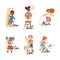 Little Boy and Girl Expressing Different Action Verb for Kids Education Vector Set