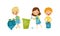 Little Boy and Girl Gathering Plastic Bottles for Recycling Vector Illustration Set