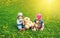 Little boy and girl in hats sitting on the field with soft toys in summer