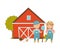 Little Boy and Girl in Overall Standing Near Barn in the Yard with Hens Picking Grains Vector Illustration