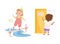 Little Boy and Girl Passing Across Stream and Knocking Door Demonstrating Vocabulary and Verb Studying Vector Set