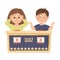 Little Boy and Girl Playing Quiz Game or Mind Sport Standing at Press Button Answering Question Vector Illustration