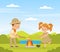 Little Boy and Girl Scout at Summer Camp at Campfire Frying Sausage Vector Illustration