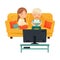 Little Boy and Girl Sitting on Sofa with Popcorn Watching Cartoon Film on TV Vector Illustration