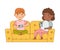 Little Boy and Girl Sitting on Sofa with Smartphone and Playing Vector Illustration