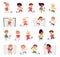 Little Boy and Girl in Sports Shirt and Shorts Playing Football Kicking Ball and Scoring Goal Big Vector Set