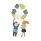 Little Boy and Girl with Spray Paint Drawing Recycle Symbol on Wall Taking Care of Nature and Environment Vector