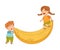 Little Boy and Girl Swinging on Huge Yellow Banana Vector Illustration