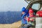 Little boy and girl travel by car in winter mountains