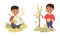 Little Boy with Globe on Green Grass and Watering Tree Sapling Caring About Nature and Planet Vector Set