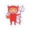 Little boy in halloween costume of devil laughing. Cartoon Character for party, invitations, web, mascot.