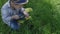 little boy in hat sits on grass holds magnifying glass explores yellow flower