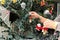 Little boy helping decorate Christmas tree