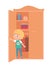 Little boy hiding in wardrobe with clothes in room. Playing hide and seek with friends at home vector illustration. Kid