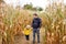 Little boy and his father having fun on pumpkin fair at autumn. Family walking among the dried corn stalks in a corn maze.