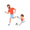 Little boy and his father playing football on playground. Outdoor activity. Fatherhood concept. Sporty family. Son and