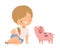 Little Boy Holding Carrot to Feed His Pig Pet Vector Illustration