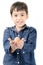 Little boy holding egg in hand healthy on white background