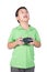 Little boy holding a radio remote control (controlling handset) for helicopter , drone or plane Isolated