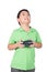 Little boy holding a radio remote control (controlling handset) for helicopter , drone or plane Isolated