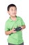 Little boy holding a radio remote control (controlling handset) for helicopter , drone or plane Isolated