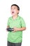 Little boy holding a radio remote control (controlling handset) for helicopter , drone or plane Isolated