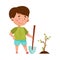 Little Boy Holding Shovel and Planting Tree Vector Illustration