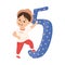 Little Boy with Huge Number Five or Numeral Learning Basic Counting Vector Illustration