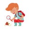 Little Boy Hunkering Down with Magnifying Glass Exploring Ant Crawling on the Ground Vector Illustration