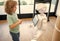little boy interact with robot artificial intelligence, interaction
