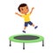 Little boy jumping on trampoline. Happy dark skin sportive child having fun, playing.