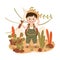 Little Boy in the Jungle with Backpack and Sword Exploring Tropical Environment Vector Illustration