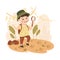 Little Boy in the Jungle Following Animal Trail with Magnifying Glass Exploring Tropical Environment Vector Illustration