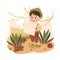 Little Boy in the Jungle Looking on Map Exploring Tropical Environment Vector Illustration