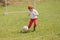 Little boy kicking ball in the park. playing soccer football in the park. Sports for exercise and activity.