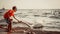 Little boy kid on beach have fun feeding swan.