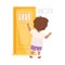 Little Boy Knocking at the Door as Demonstration of Vocabulary and Verb Studying Vector Illustration