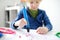 Little boy learning make model with 3d printing pen. Child playing with new modern toy for creativity. DIY. STEM and STEAM