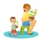 Little boy learning about plants with teacher, lesson of botany in kindergarten cartoon vector Illustration