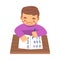 Little Boy Learning to Write, Elementary School Student Writing English Letters while Sitting at Desk Cartoon Vector
