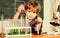 Little boy at lesson. Back to school. Little kid learning chemistry in school lab. Biology lab equipment. Little boy at