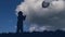 Little boy lets the balloon go to the sky. stationary silhouette of a boy with a balloon against the background of