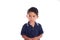 Little boy with look of sadness and regret, isolated on white background. Latin child afraid of being punished. Being