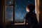 Little boy looking out window into starry night sky, Generative AI