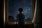 Little boy looking out window into starry night sky, Generative AI