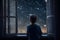 Little boy looking out window into starry night sky, Generative AI