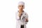 Little boy in medical uniform isolated on white.