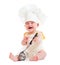 Little boy with metal ladle and chef hat isolated