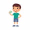 Little boy with money in hand flat vector illustration. Rich happy child holding banknotes cartoon character.